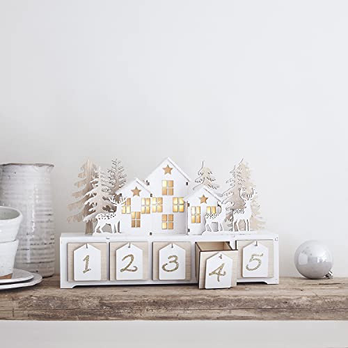 Lights4fun Pre Lit LED jul vit trähus adventskalender dekoration batteridriven för inomhusbruk 18 cm