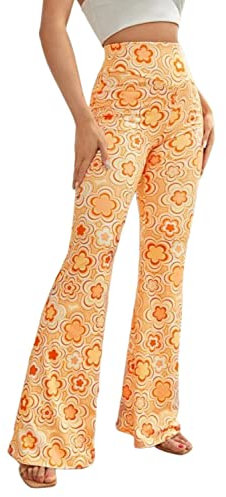 EVELUST 70er Jahre Schlaghose Für Damen – Boho 60er Hose Hippie Blumen High Waist Outfit Disco Kostüm Yogahose Leggings(Orange, S, 1050w)