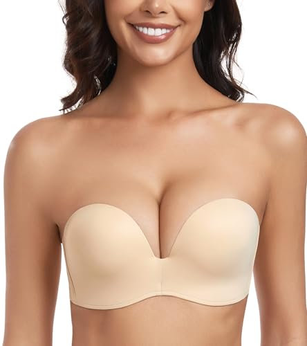 Lemorosy Strapless Bra Women's Anti-Slip Invisible Seamless Wireless Push up Lift Support(Beige,32B)