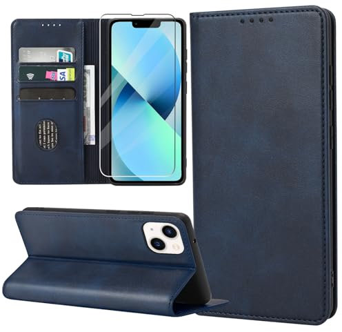 ZYIMOU Handyhülle für iPhone 13 Hülle mit Schutzfolie, Leder Schutzhülle Standfunktion Kartenfach Wallet Klapphülle iPhone 13 6.1 Zoll Flip Case Cover, Blau