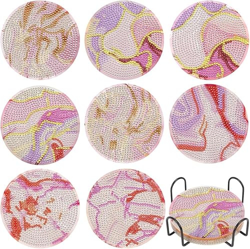 Diamond Painting Untersetzer, DIY Diamant Malerei Glasuntersetzer mit Halter, rutschfest Getränke Untersetzer, Rund Getränke Tassen Untersetzer Küchen Tassenuntersetzer (Marmor Ozeanrosa)