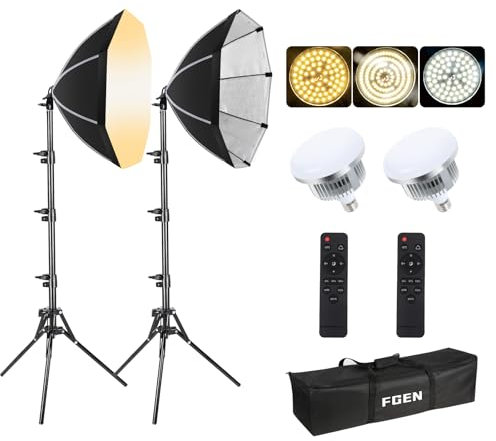 FGen Softbox,2x85W 2700-6400K iluminacion fotografia,2x50cm Octogen softbox Kit fotografia con 1.5m Totalmente Ajustable Soportes de luz para fotografía de Retrato, Live Streaming, Youtube Video