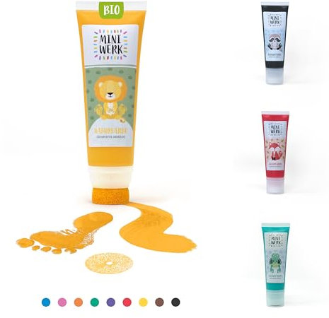 Miniwerk Bio Malfarbe Gelb mit Schwammaufsatz aus natürlichen Rohstoffen, schadstofffrei wie Fingerfarbe - Fußabdruck Baby - Erinnerung und Dekoration für Baby- & Kleinkinderzimmer