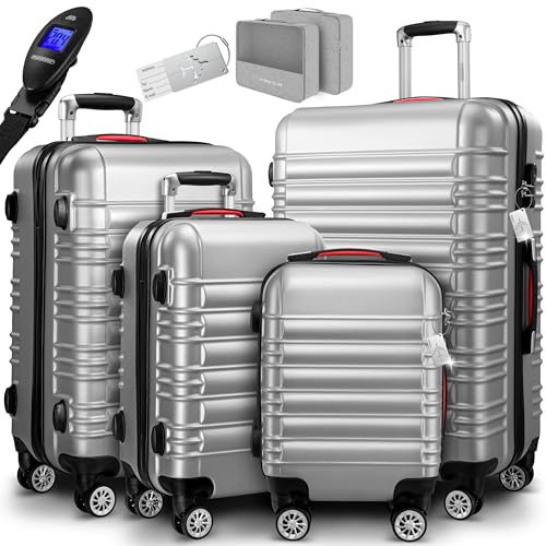Monzana® 4tlg Kofferset Schloss Organizer Kofferwaage Gurt Gel-Griffe Zwillingsrollen Standfüße Trolley Reisekoffer Hartschale Koffer S-M-L-XL Silber