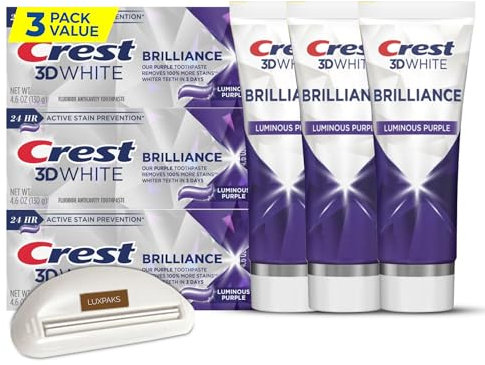 CRST 3D White Brilliance Luminous Purple Teeth Whitening Toothpaste, 4.6 oz, Pack of 3 – Best Purple Whitening Toothpaste Bundled with LUXPAKS Squeezer