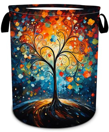 Colorful Love Tree Laundry Basket, Foldable Waterproof Oxford Cloth Spring Laundry Hamper Funny Tote Bag Dirty Clothes Storage Bucket Toy Organizer for Bathroom/Laundry/Bedroom 15.7x19.6