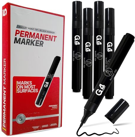 G4GADGET 5 Pack Black Permanent Markers Pens, Bullet Tip for Sharp and Clear Markings on Multiple Surfaces