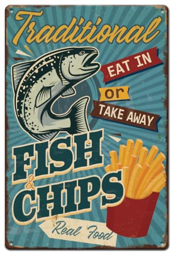 SUPERDANT Cartello In Latta Tradizionale con Patatine Fritte Da Mangiare Sul Posto O Da Asporto Insegne Metallo con Cibo Retrò Targa Decorazioni Murali Arte Per Soggiorno Bar Caffè Pub 30x20cm