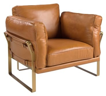 Ängel CERDá - Camel läderfåtölj med gyllene detaljer - modern designfåtölj med stålben - 97 x 88 x 82 cm