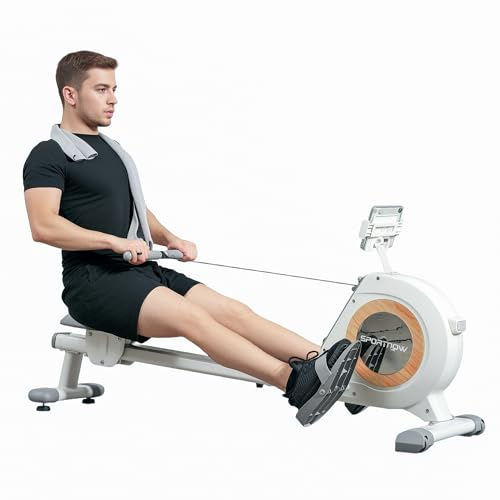 SPORTNOW Rameur magnétique à 16 Niveaux de résistance, rameur d'appartement Ultra Silencieux avec Support de téléphone et écran LCD, Stockage Vertical, Charge Max. 150 kg, Blanc et Gris