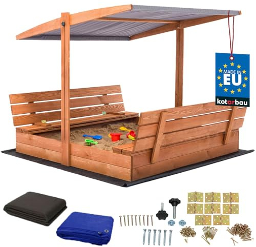 KOTARBAU® Arenero Infantil - Madera - 140 x 140 cm - Marrón - Arenero con Tapa - y Bancos - con Techo Gris - Protección Solar - Cajón de Arena - Zona de Arena Infantil