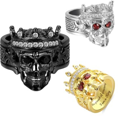 Bague du Roi Crâne avec gravure personnalisée - Bague tête de mort en argent sterling 925 noire + pierre de naissance - chevalière couronne de cristal - bijoux gothiques pour homme en noir/or/argent