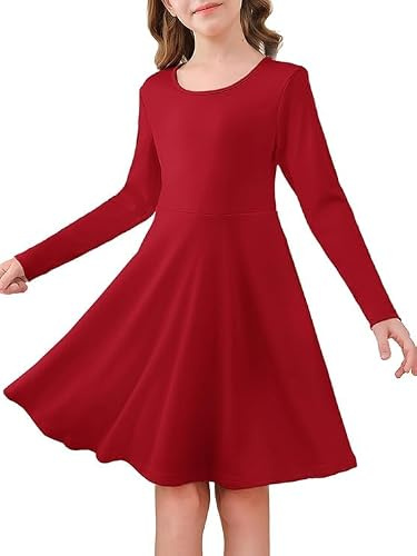 Haloumoning Robe midi trapèze à manches longues pour fille | Doux, basique, uni, col rond, ourlet fluide, couleur unie, école, anniversaire, fête, décontracté, enfants, 5-14 ans