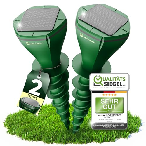 HEIMWERT Ahuyentador de topos, resultados rápidos con frecuencia de cambio de IA automática, protección solar, impermeable y silenciosa, también contra ratones de campo (2 unidades)