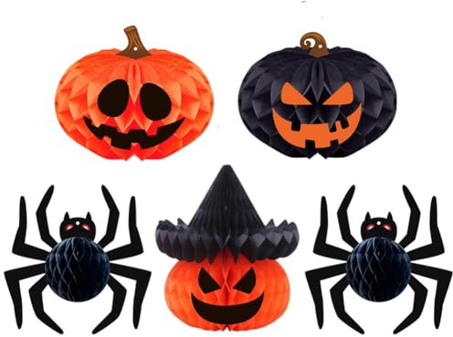 Ymxygz 5 Pompones Colgantes para Halloween, Bolas De Panal, Guirnalda De Papel De Seda, Abanico De Flores para Decoración del Hogar, Interior Y Exterior.