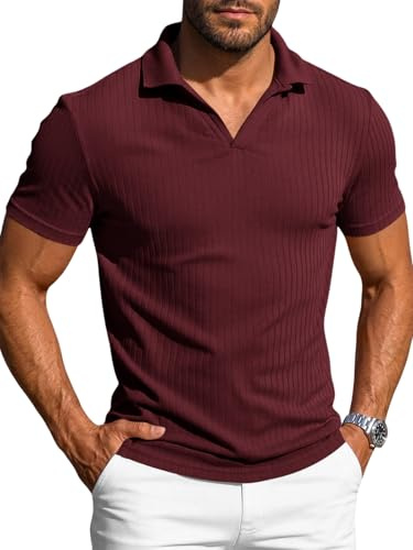 Runcati Polo de manga corta para hombre, cuello en V, camiseta de punto Slim Fit, polo de verano, monocolor, camiseta de golf, para tiempo libre, elástico, parte superior, borgoña, M