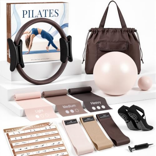 GINMIC 13 Pièces Kit Pilates Maison, avec Anneau Pilates, Ballon Pilates, Poids Poignet et Poids Cheville Réglables, Bande Élastique Musculation pour Jambe Traction, Convient Débutantes et Femmes