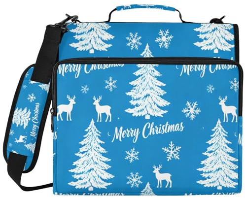 Organizador de carpetas de 3 anillos con correa para el hombro, diseño de árbol de invierno y ciervo, azul y blanco, 3,8 cm, fácil de transportar, para la escuela/oficina