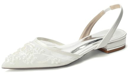 Yhsdfcn Platta Bröllopsskor för Brud, Eleganta Slingback-ballerinas med Pärlbroderi och Mesh, Spetsiga Festskor med Låg Klack för Brudtärnor och Fest