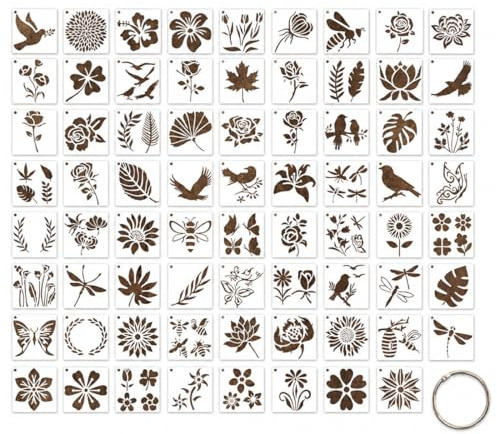 80 Piezas Plantillas de Plástico para Pintar, Stencil para Pintar Reutilizable Dibujo, para decoración de pared, pájaro, mariposa, libélula, flor, para álbumes de recortes, muebles, 7,6 x 7,6 cm