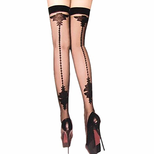ICGSUQR Vintage Nylon Stockings Cuban Sheer Thigh Highs With Back Seam Heel Stockings For Women Garter Black flower