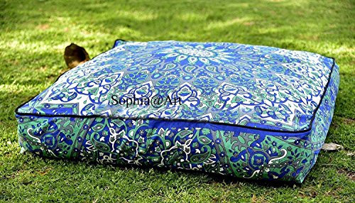 Sophia Art Indisches Stern-Mandala-Bodenkissen, quadratisch, Ottoman, Tagesbett, Übergröße, Kissenbezug, Baumwolle, Sitzkissen, Sitzkissen, Hunde-/Haustierbett, Blau / Grün