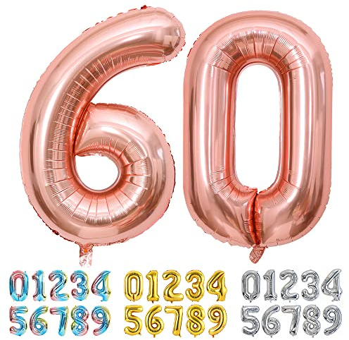 Ponmoo Foil Balloon Number 60 Rosegold, Giant Numbers 0 1 2 3 4 5 6 7 8 9 10-19 20-29 30-39 40-49 50-60-70-80-90-100, Large Balloons for Wedding Anniversary Birthday Party Decoration
