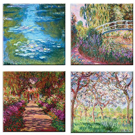 LuxHomeDecor Quadri Claude Monet 4 Pezzi 30x30 cm Stampa su Tela con Telaio in Legno Arte arredo