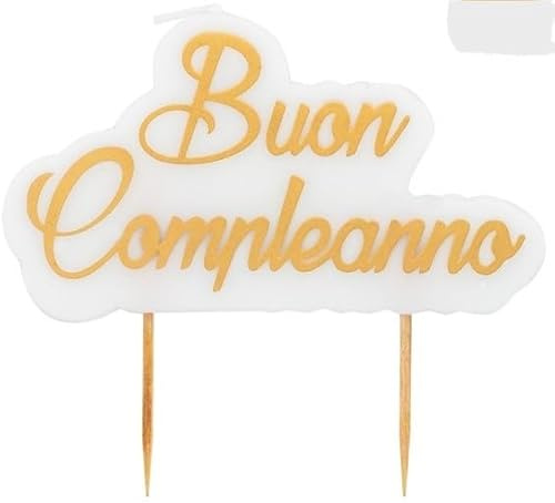 Candela in cera Scritta BUON COMPLEANNO - Colore ORO metal con sfondo Bianco - 8x10cm - candelina per feste di compleanno, ecc. - ideali come decorazione per TORTE e dolci