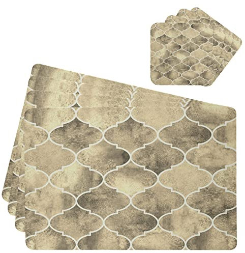 Vintage Retro Moroccan Tiles White Watercolor Geometric 6 PCs Waterproof PVC Leather Table Placemat with 6 PCs Mug Coaster, Non-Slip Place Mats Holder with Cup Mat, Desk Pad for Dining