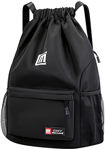 Pystuvo Drawstring Gym Bag, Large Drawstring Bags With Mesh Pockets Water, Nylon Waterproof Drawstring Bag Gym Bag Drawstring With Outside Zipper For Sports Holidays Swimming Travel,Black