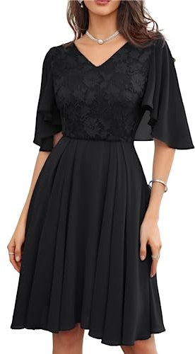 GRACE KARIN Black Ladies Summer Dress Short Sleeve V-Neck A Line Flowy Chiffon Wedding Guest Dresses UK Size 10