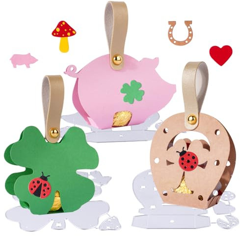 BETESSIN 3pcs Stanzschablone Box Weihnachten Neujahr Stanzform Schachteln Klein Glücksschwein Kleeblatt Stanzen Süßigkeiten Boxen Glücksbringer Geschenkbox Cutting Dies Metall Prägeschablone