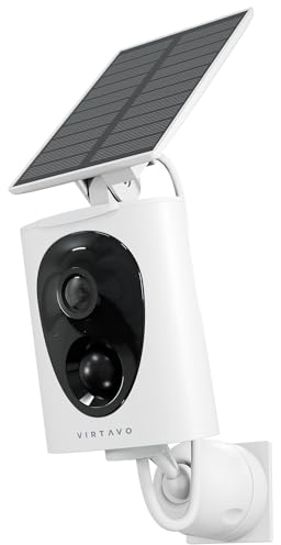virtavo 2K Überwachungskamera Aussen Solar Akku WLAN Kamera Überwachung Aussen Kabellos Kamera, Nachtsicht WiFi Outdoor, Funktioniert mit Alexa, PIR, 2-Wege Audio,Cloud/SD Storage 2,4 GHz