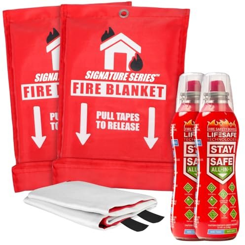 LifeSafe StaySafe All-in-1 Portable Fire Extinguisher with Signature Series Fire Blanket | Compact Emergency Fire Spray, Flame Suppression Fiberglass, Non-Toxic, Eco-Friendly, for Home Safety | 2-Pack