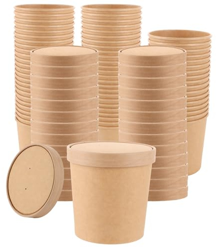 Oungy 50 st. soppkoppar To Go papper med lock, pappersmuggar med lock 780 ml, engångsmuggar med lock 27 oz pappersmugg brun glassbägare kartong soppmugg kartong för soppsallad efterrätt förrätt