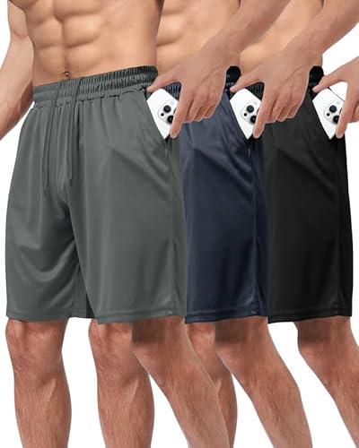 BOOJO 3er Pack Sporthose Herren Kurz Hosen mit Taschen Sport Shorts Schnell Trocknend Trainingshose für Gym Fitness(Schwarz/Dunkelgrau/Dunkelblau,L)