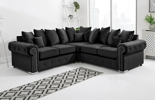 Olympia Kashmir Plush Velvet Sofa - Corner Sofa - 3-Seater & 2-Seater Sofa for Modern Living Room - Button Tufted - Scatter Back (Black, Corner)