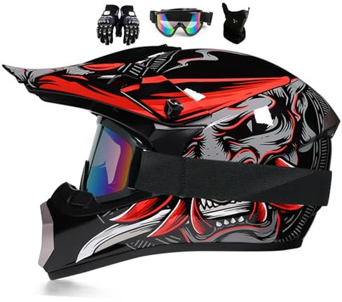 Youth Motocross Offroad Street Dirt Bike Helmet, Kids Motorcycle Mountain Crash Full Face Helmet Four Wheeler BMX MX ATV Helmets, with Gloves Goggles Mask(4Pcs Set)(Red,M(54-55CM))