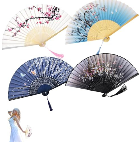 4PCS Paper Fans Handheld, Hand Fan Folding Set Chinese Style with Tassels for Wedding Performance Dancing Party Home Wall Decoration Gift Blue Black White and Light Blue