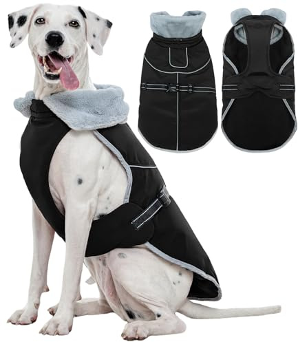 Kuoser Waterproof Dog Winter Coat Warm, Adjustable Reflective Dog Jacket with Fleece Lining, Soft Comfortable Dogs Coats Pet Clothing for Large Dogs, Black L