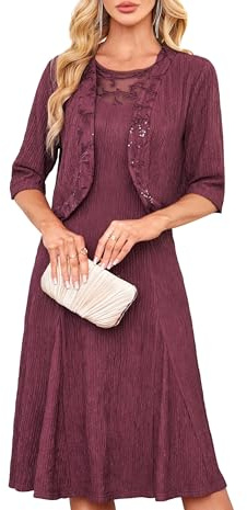 GRACE KARIN Women 2-Pieces Set Dress Sequined Round Neck Sleeveless A Line Dress Cropped Cardigan Two-Piece Set Rose Purple M