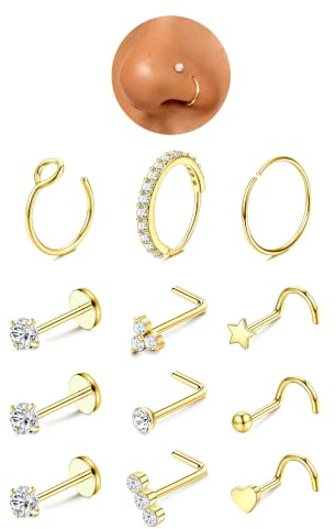 YADOCA 12 stycken näspiercing plugg kirurgiskt stål nostril piercing | Näspiercing, näsring guld, guld silver allergivänliga nässtavar set nostril smycken kvinnor 16/20 g