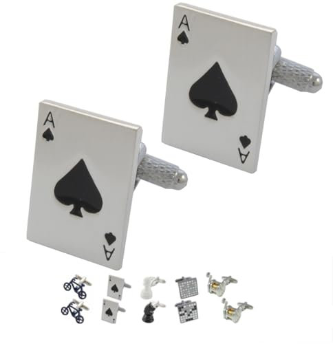 COLLAR AND CUFFS LONDON Gemelos Camisa Hombre Color Plata - con Caja - Gemelos para Camisas - As de Espadas - Latón - Paquete de Cartas - Póker Magia Mago Juego - Un Par