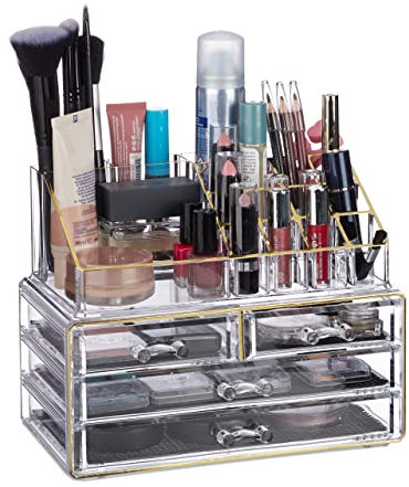 Relaxdays Make Up Organizer Acryl, 2-teilige Schminkaufbewahrung mit Lippenstifthalter & 4 Schubladen, transparent/gold