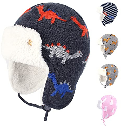 Gajaous Bonnet d'hiver à rabats d'oreilles pour bébés garçons et filles Motif dinosaure et renard avec doublure polaire chaude pour enfants nourrissons, dinosaure, 1-2 ans