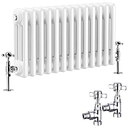 NRG Traditional Radiator 300 x 605mm Horizontal Cast Iron Radiators Central Heating Gloss White Triple Column with Angled Pair of Valves
