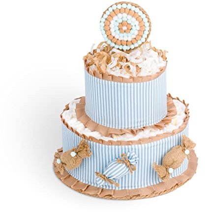Gâteau de couches Dodot unisexe bleu à deux niveaux. Cadeau original pour nouveau-né. Ensemble bébé. Nouveau cadeau de maman. Panier de naissance. Fête pour accueillir le bébé. Baby shower