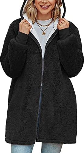 Xnova Damen Teddy-Fleece Kapuzenpullover Mantel mit Reißverschluss, Oversized Hoodie Kapuzenjacke Lang Flauschige Zip Sweatjacke Warme Slouchy Winter Kapuzenpulli mit Taschen (Schwarz, XL)