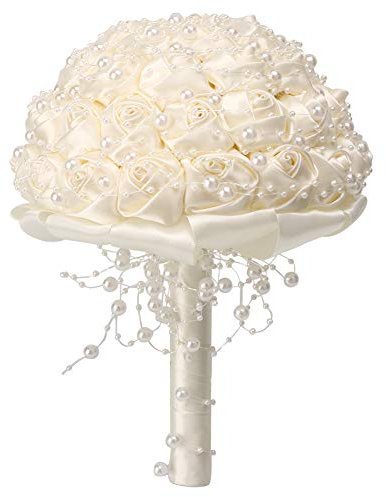 mumisuto Hand Made Wedding Flowers Bridal Bouquets Crystal Bride Holding Bouquet White Ivory Satin Roses with Diamond Pearl Ribbon